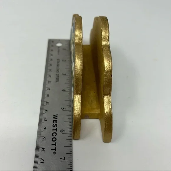 Vintage Blue Wood Napkin Hand Painted White Flowers Double Sided Gold Tone - Picture 7 of 8